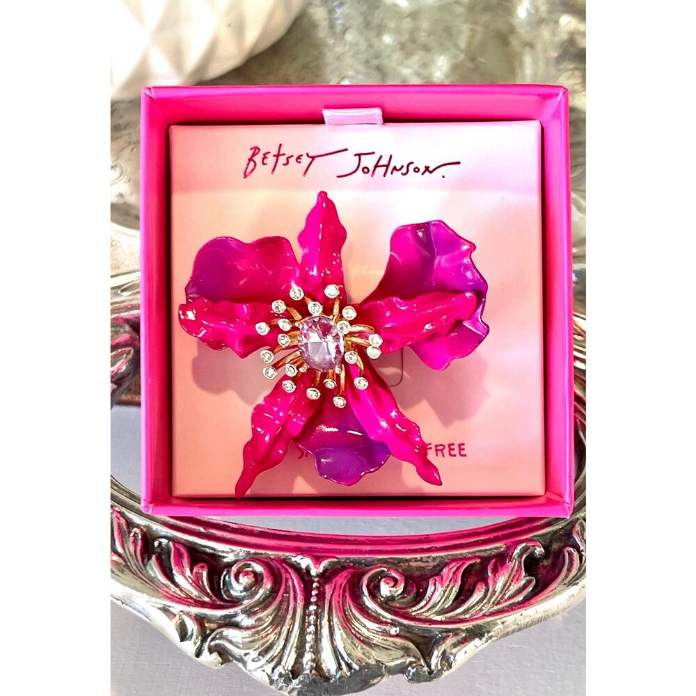 Betsey Johnson large orchid cocktail Purple Pink Stretch Ring - Picture 5 of 7